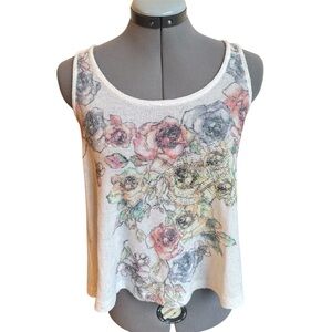 Vintage Y2K Semi Sheer Mesh Rhinestone Floral White Babydoll Tank Top Boho